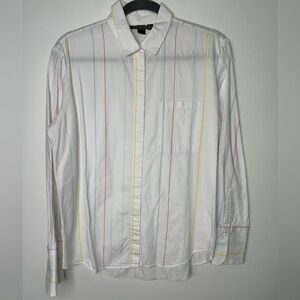 Simons white teacher colorful stripes buttons shirt